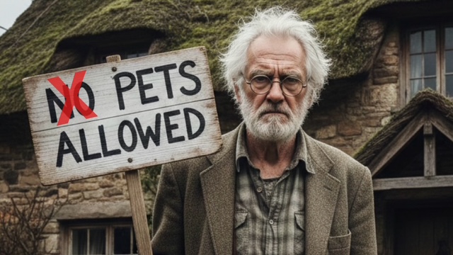 Image of a landlord standing outside a cottage holding a sign reading no pets allowed with the word NO crossed out in red
